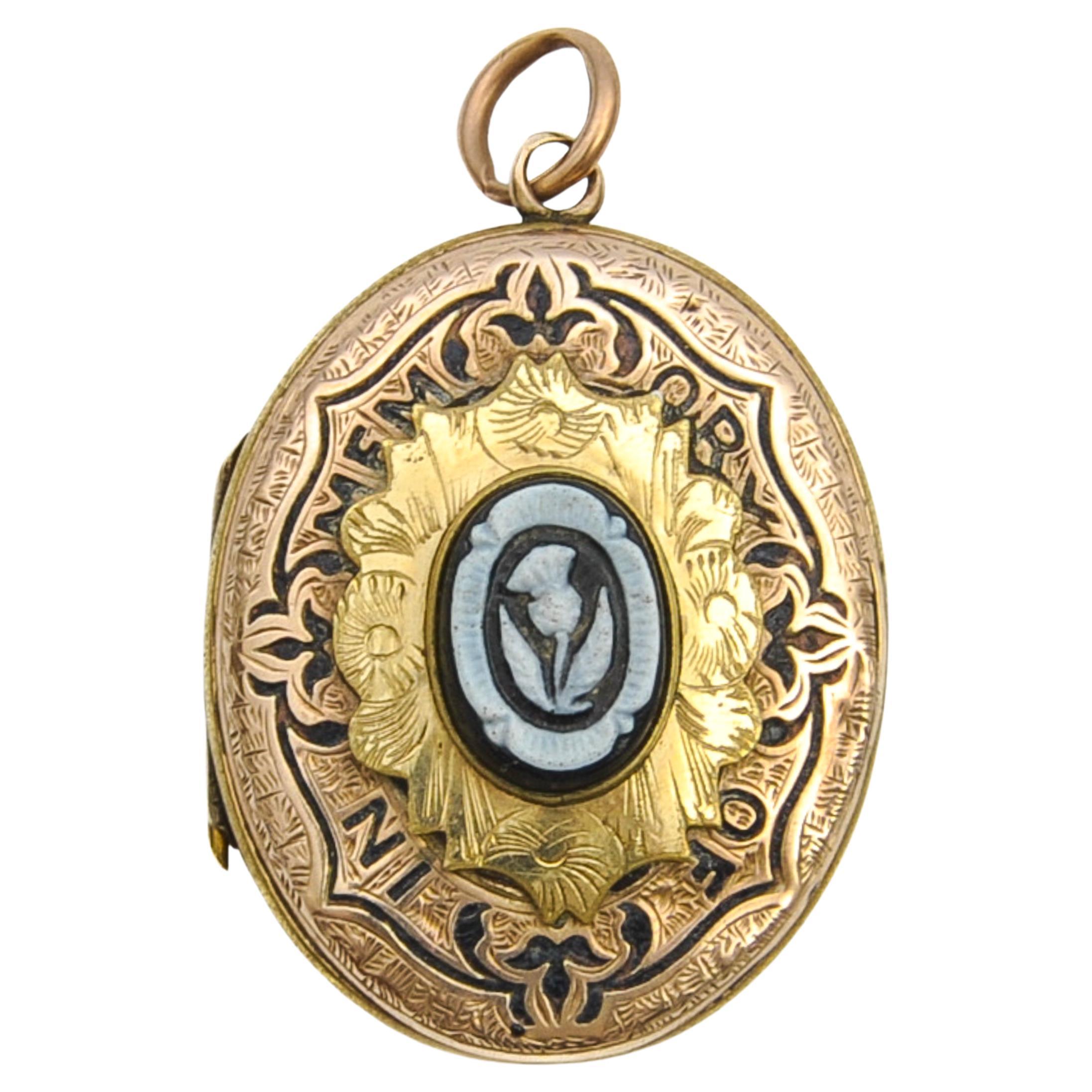 Antique Victorian Gold and Black Enamel 'In Memory Of' Mourning Locket For Sale