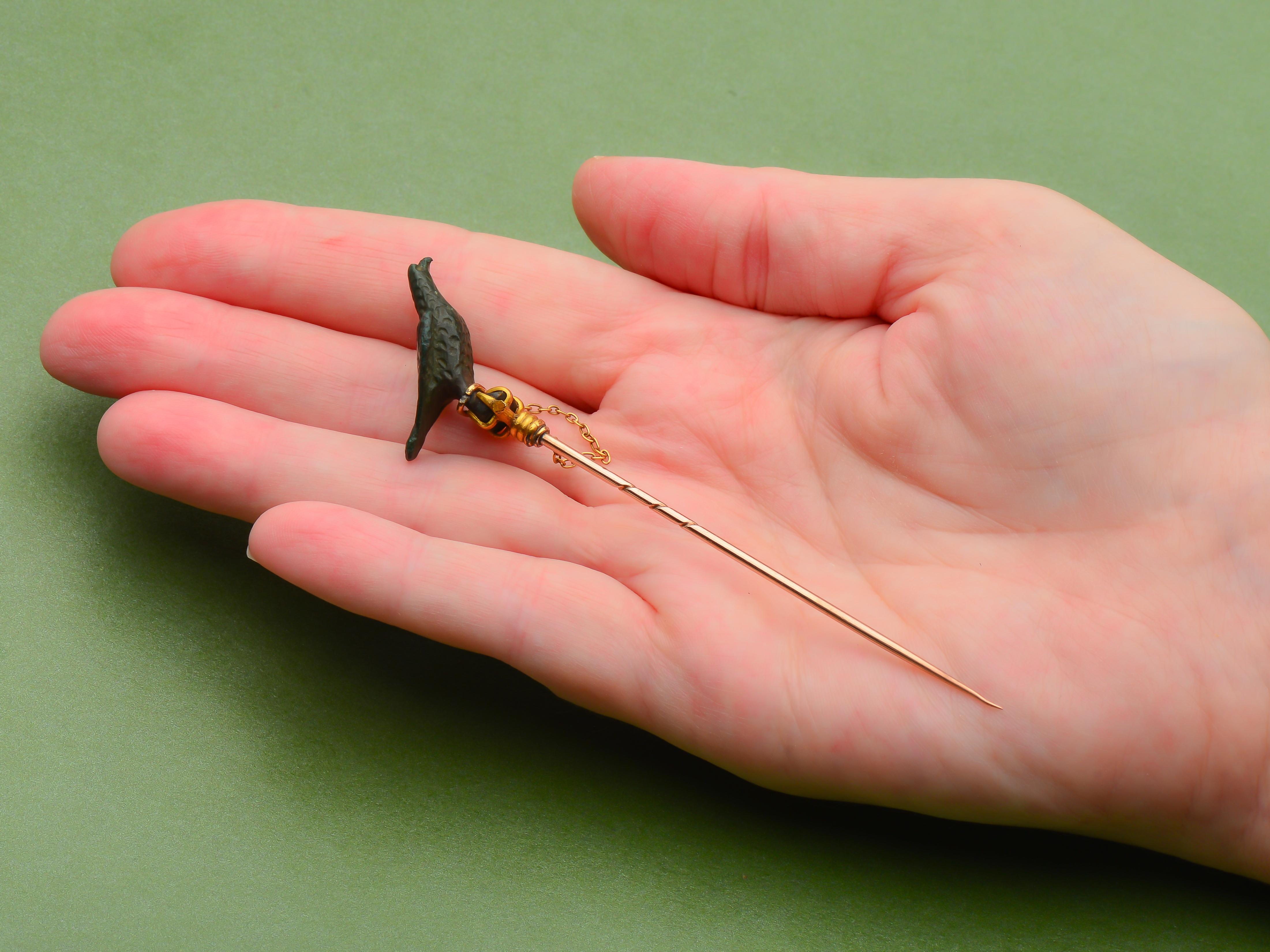 Women's or Men's Antique Victorian Gold and Bronze Falcon Bird Stickpin