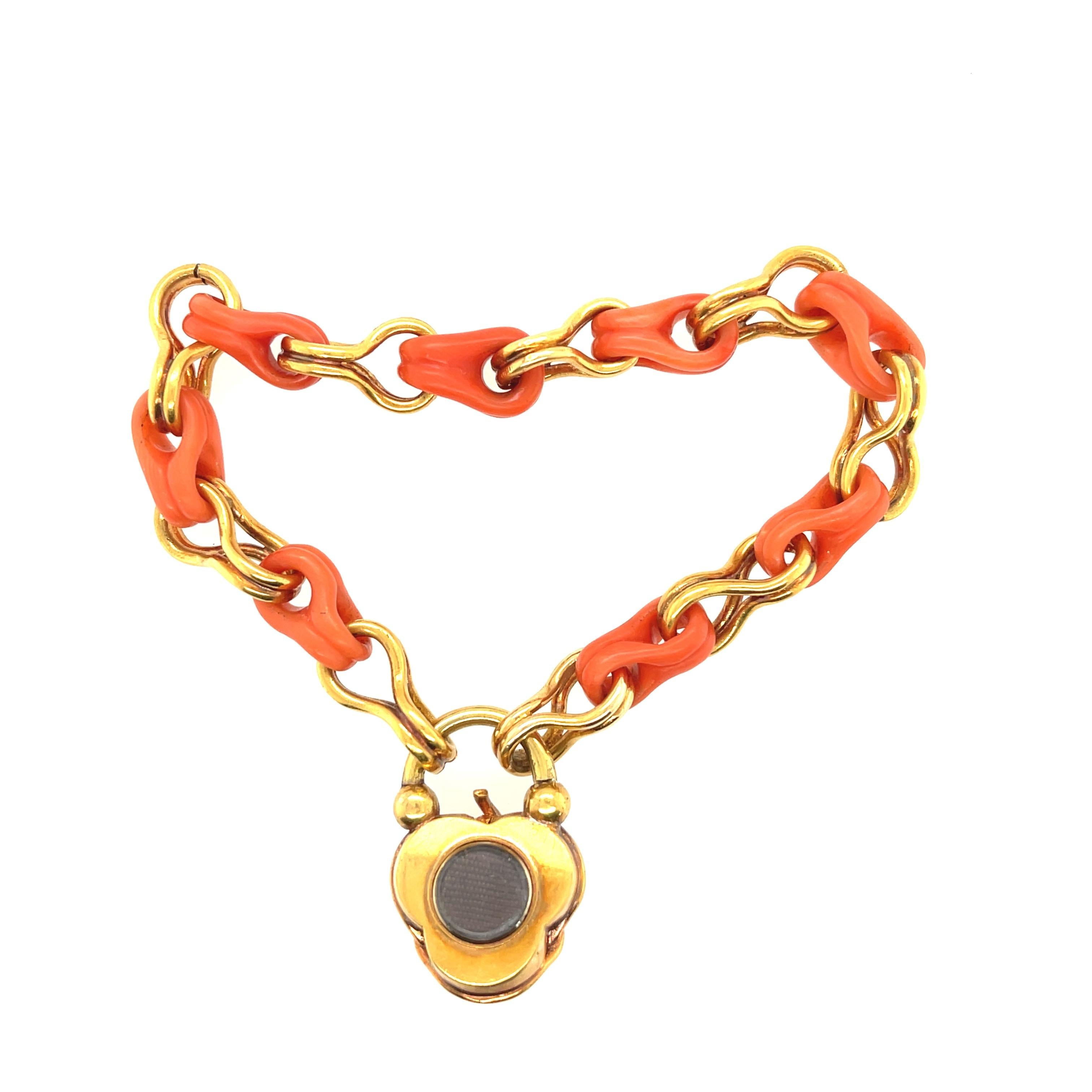 Mixed Cut Antique Victorian Gold and Coral Link Bracelet with Padlock Clasp