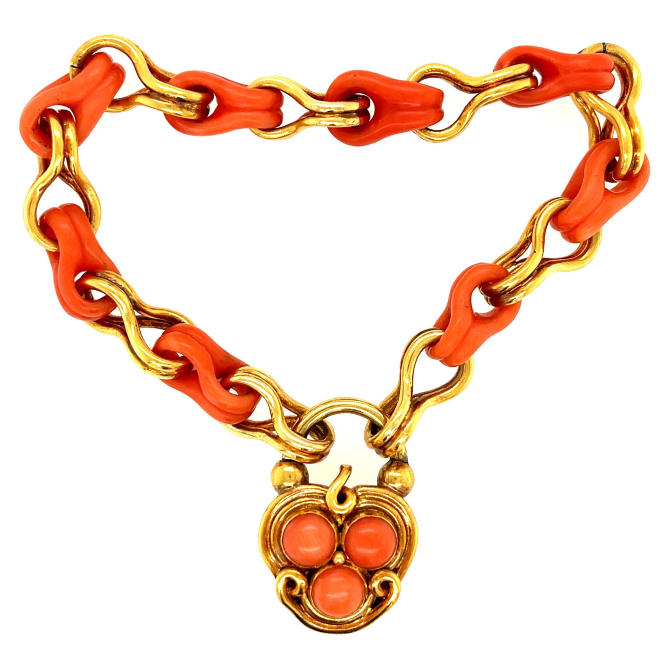 Antique Victorian Gold and Coral Link Bracelet with Padlock Clasp
