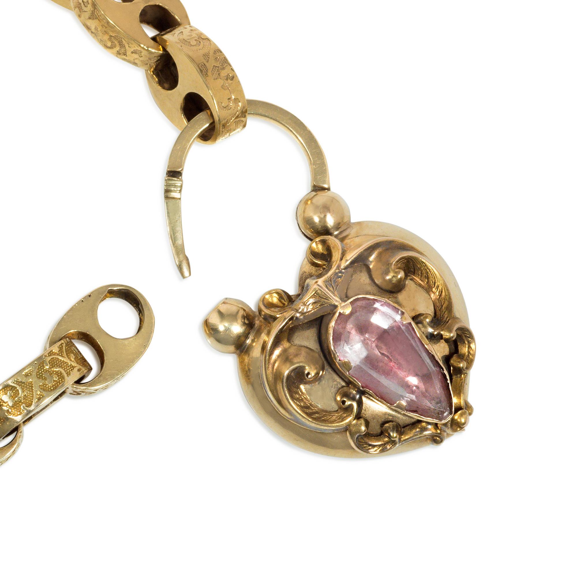 Early Victorian Antique Victorian Gold and Pink Topaz Bracelet with Heart-Shaped Padlock Clasp For Sale