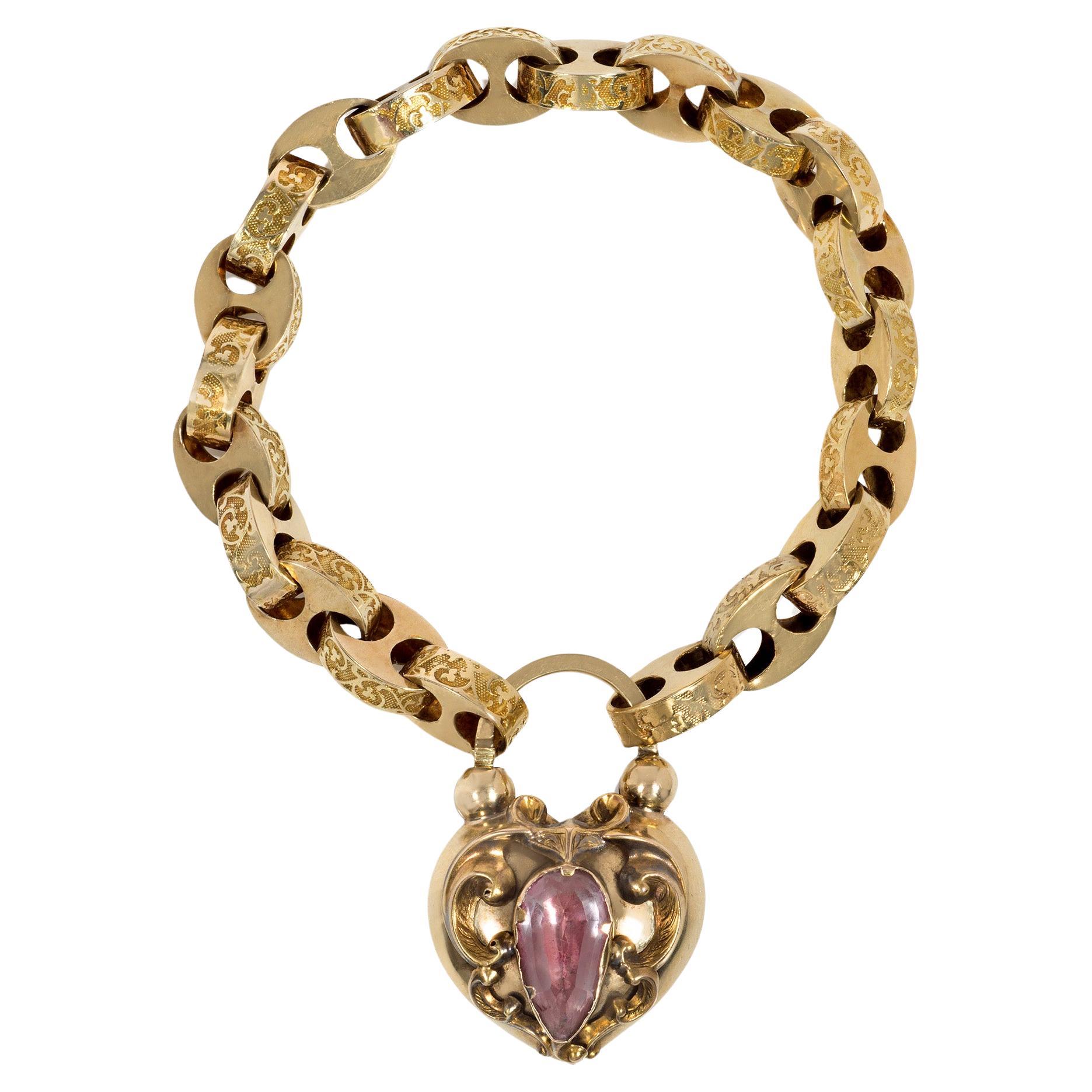 Antique Victorian Gold and Pink Topaz Bracelet with Heart-Shaped Padlock Clasp For Sale