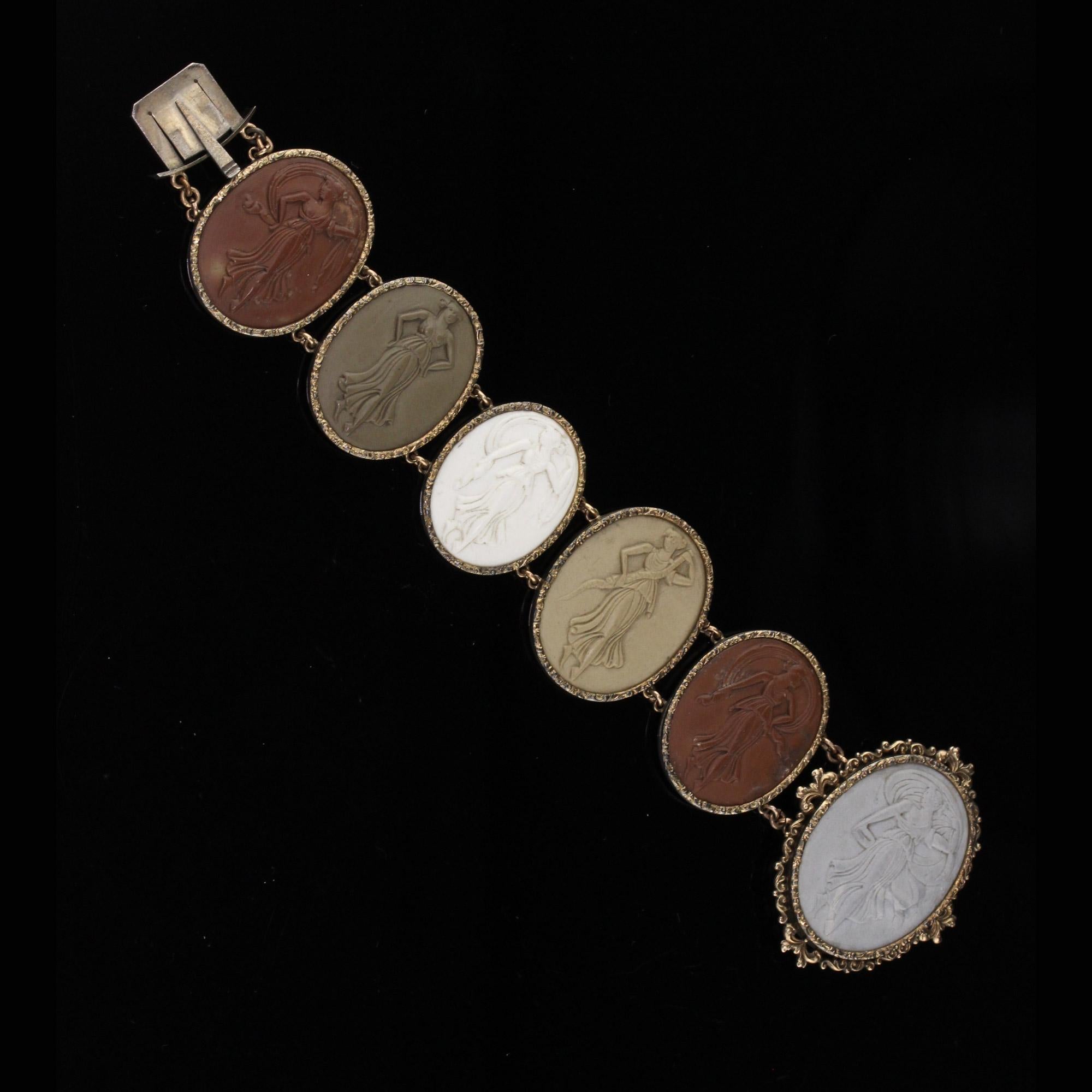 Antique Victorian Gold and Silver Lava Stone Cameo Bracelet In Good Condition In Great Neck, NY