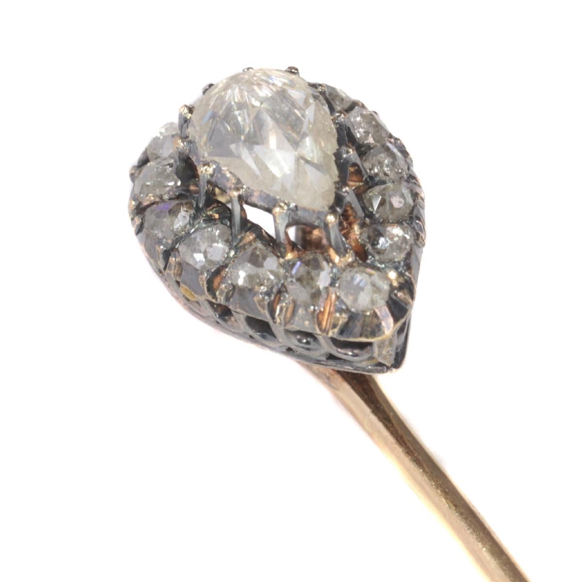 Antique Victorian Gold and Silver Rose Cut Diamond Tie Pin, 1870s In Excellent Condition For Sale In Antwerp, BE