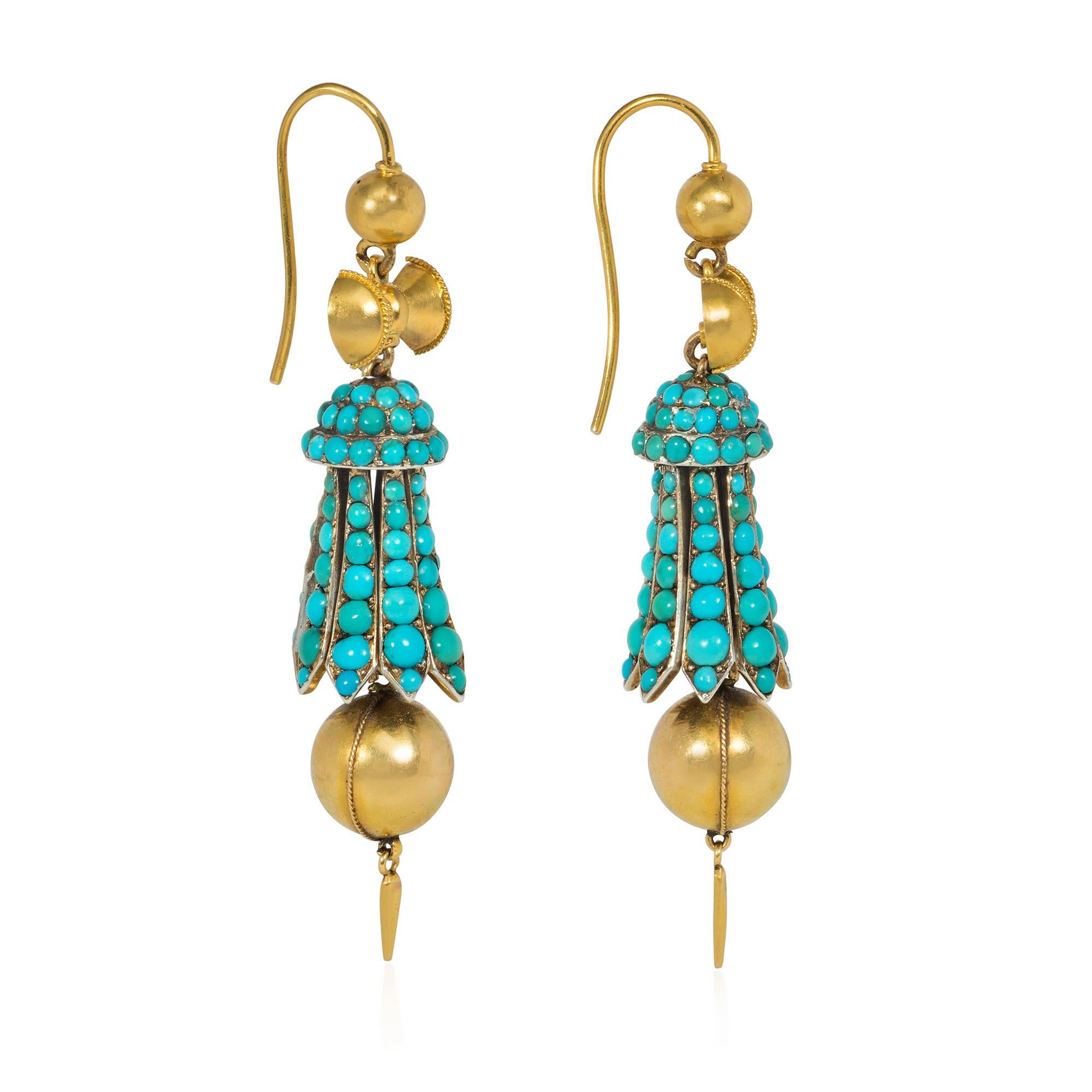 An antique Victorian period pair of turquoise and gold pendant earrings, the gold bead tops suspending gold rope twist-adorned barbells, and further suspending pavé turquoise domes and flared tassel-like elements, ending in gold orbs with