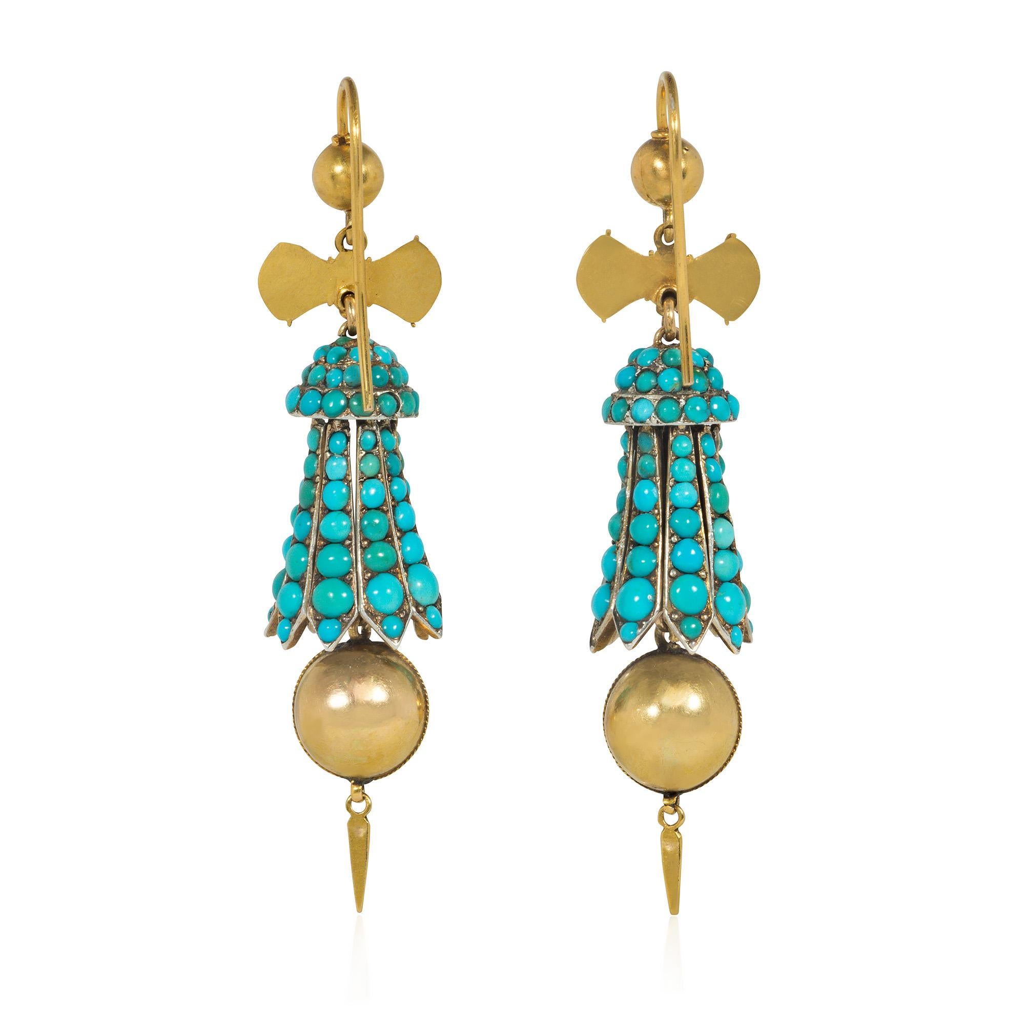 Bead Antique Victorian Gold and Turquoise Earrings with Ball and Dart Pendants For Sale