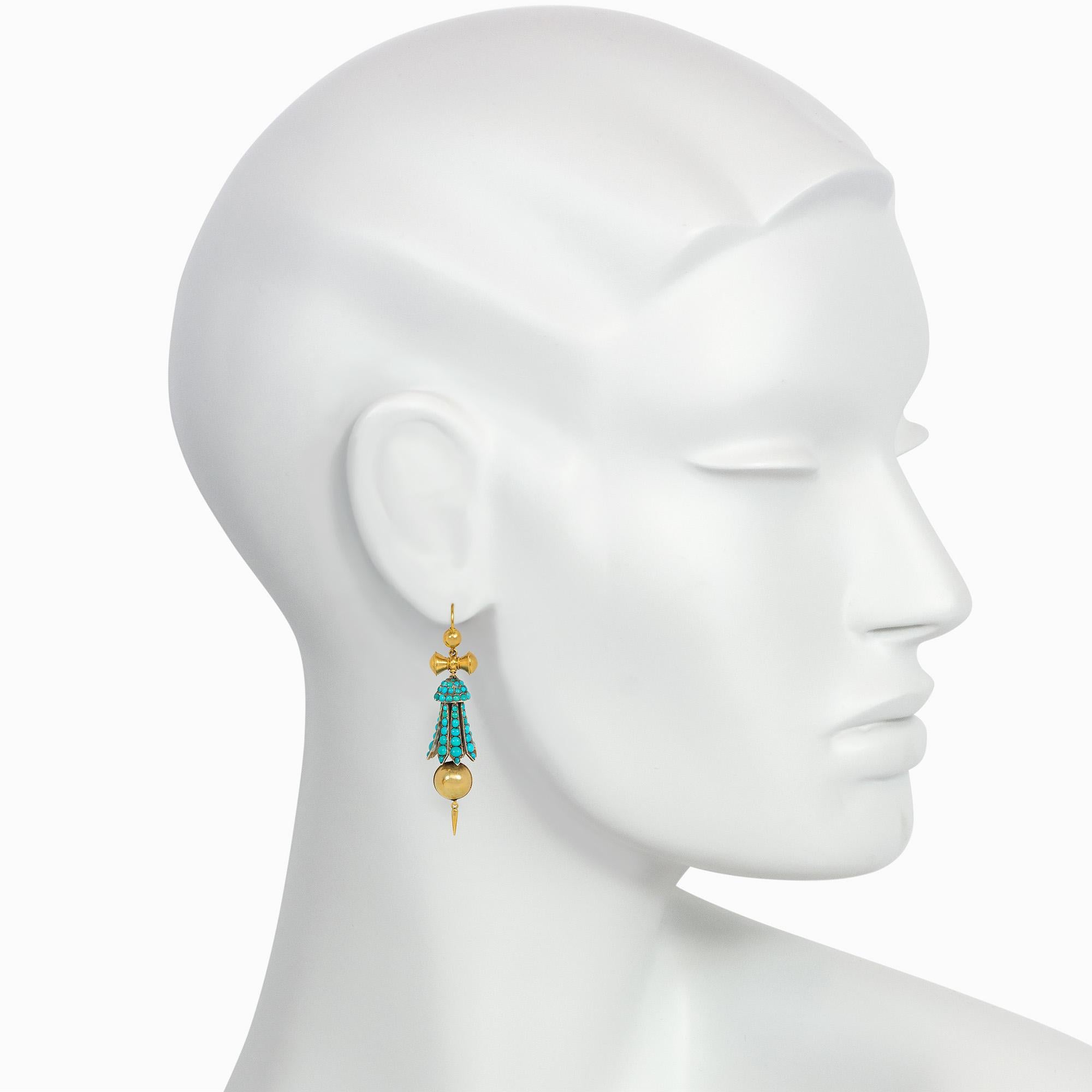 Antique Victorian Gold and Turquoise Earrings with Ball and Dart Pendants In Good Condition For Sale In New York, NY