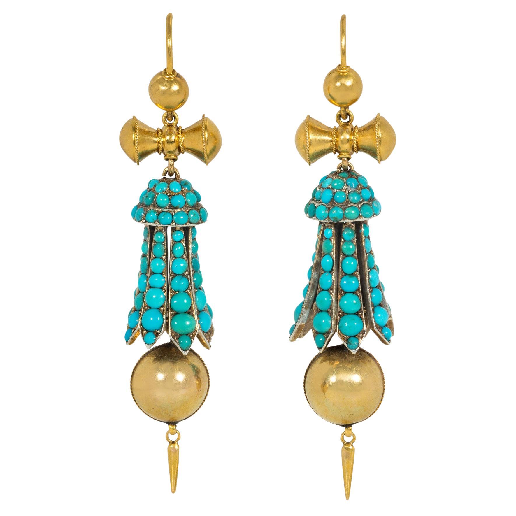 Antique Victorian Gold and Turquoise Earrings with Ball and Dart Pendants For Sale