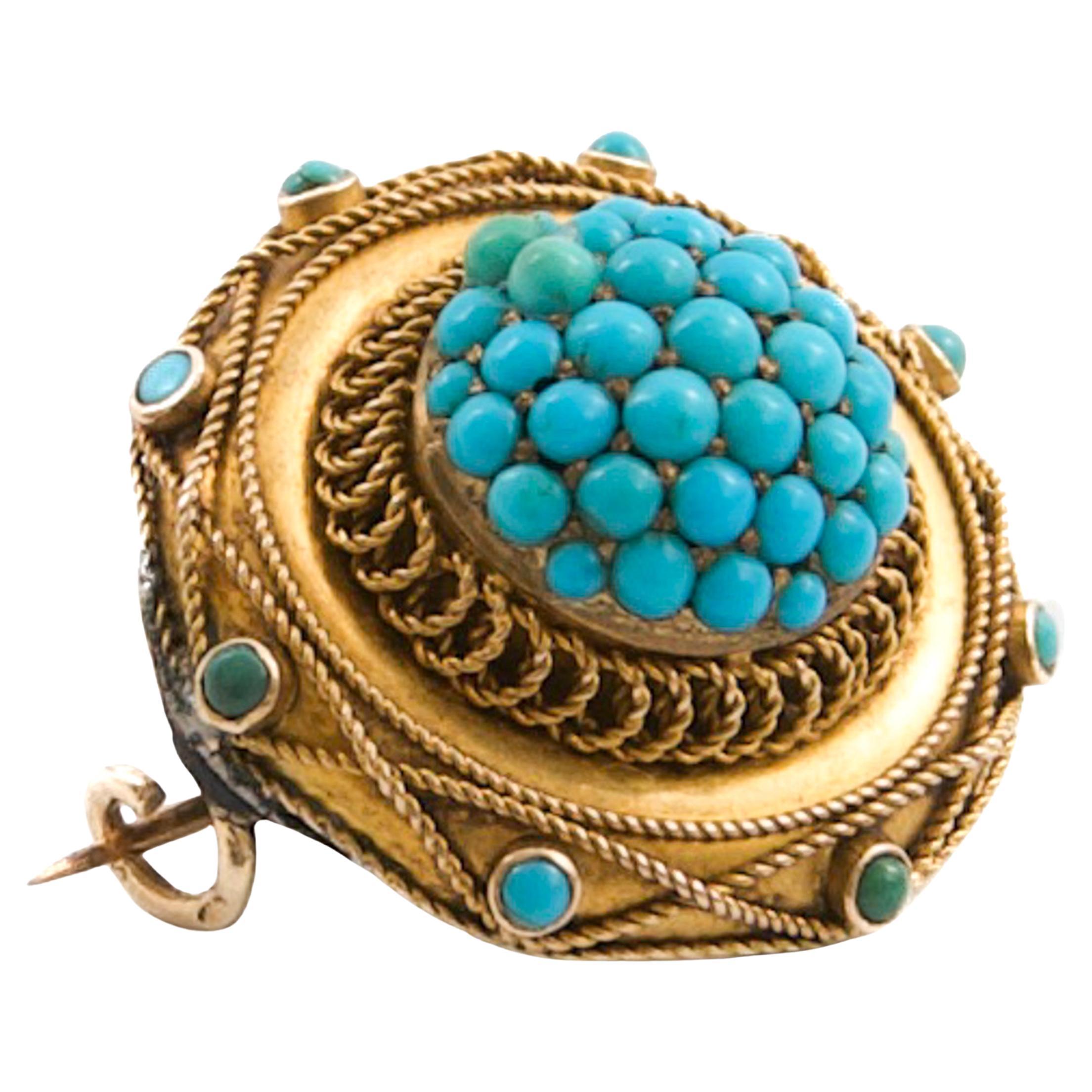Round Cut Antique Victorian Gold and Turquoise Memorial Brooch, ca. 1870–1890 For Sale