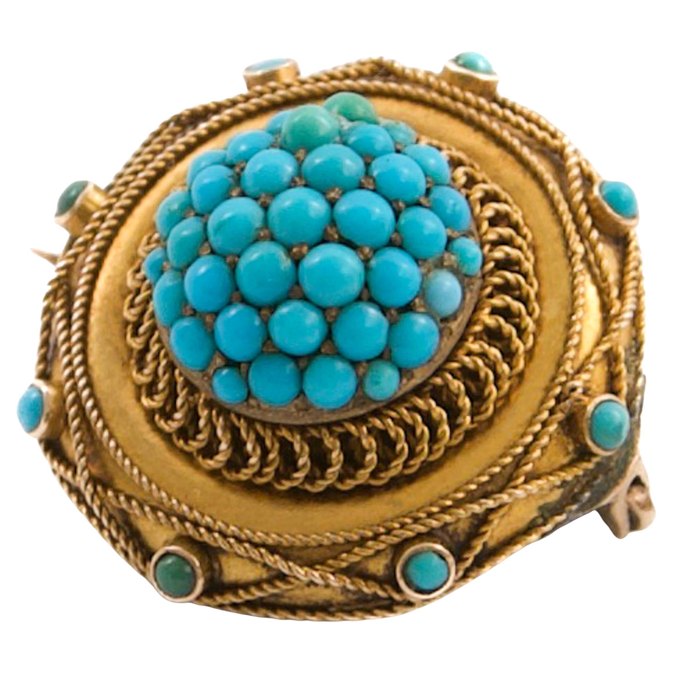 Broche commémorative victorienne ancienne en or et turquoise, vers 1870-1890