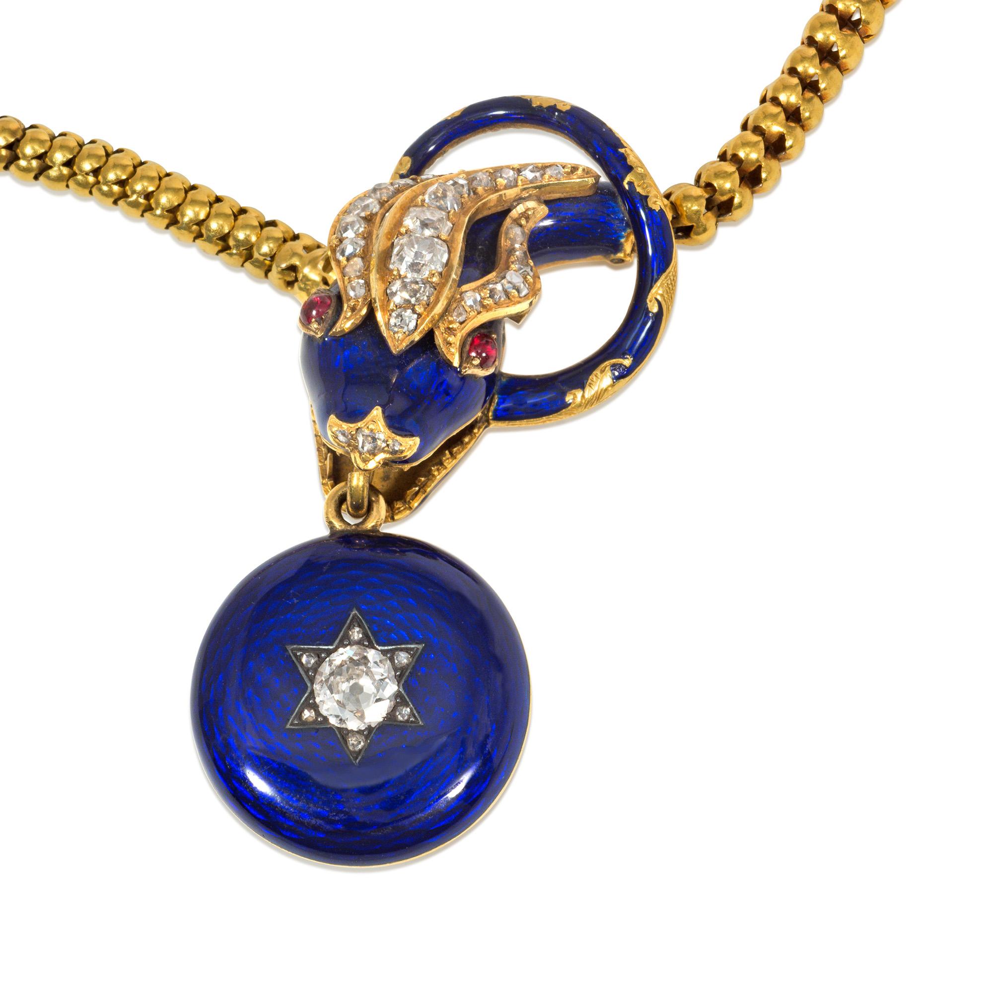 An antique early Victorian gold, enamel, and gemstone necklace designed as an intertwined serpent with a gold, blue enamel, and old mine diamond-set head with ruby eyes, suspending a circular star-set diamond and blue enamel pendant with a locket