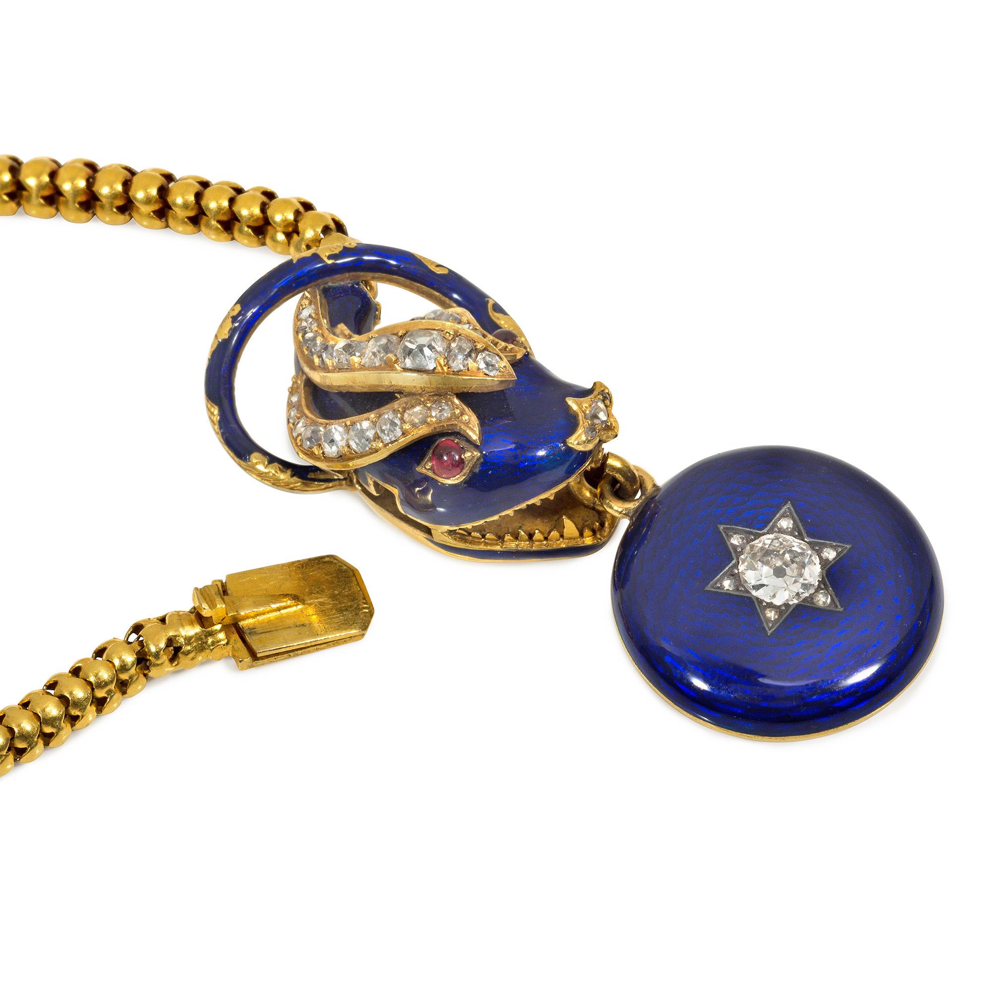 Early Victorian Antique Victorian Gold, Blue Enamel, and Gemstone Snake Necklace with Locket For Sale