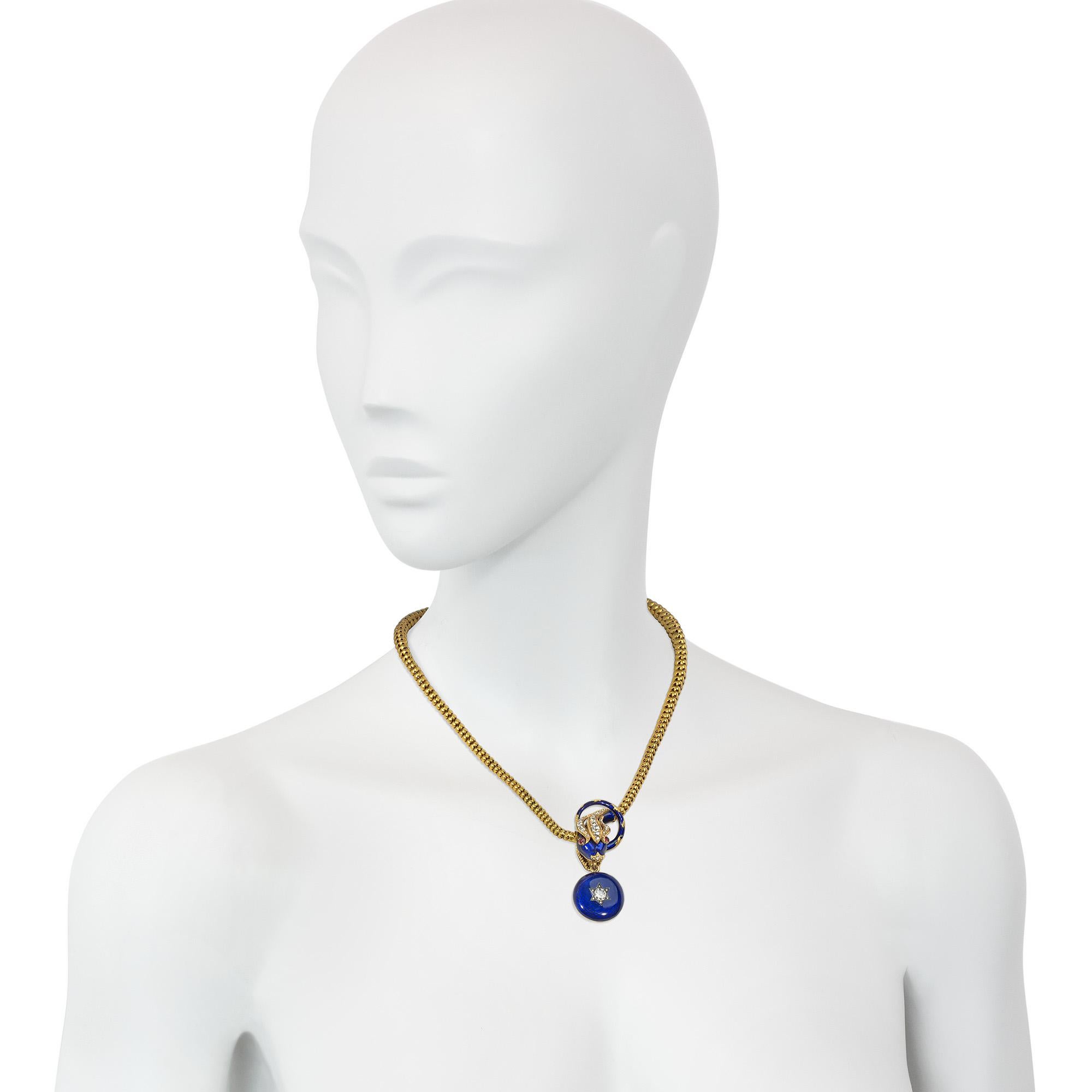 Antique Victorian Gold, Blue Enamel, and Gemstone Snake Necklace with Locket In Good Condition For Sale In New York, NY