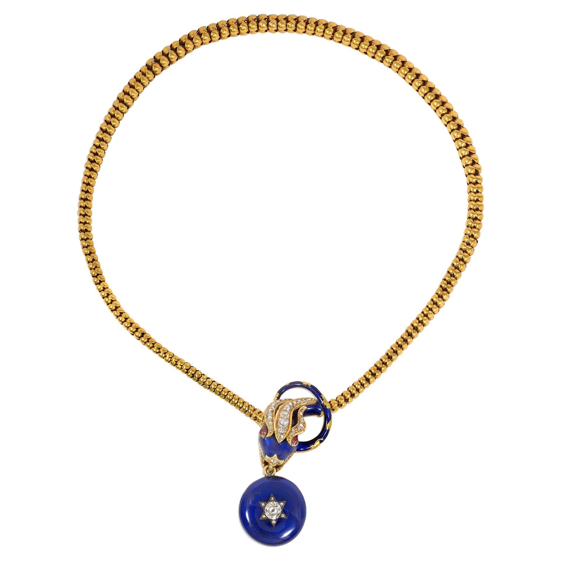 Antique Victorian Gold, Blue Enamel, and Gemstone Snake Necklace with Locket For Sale