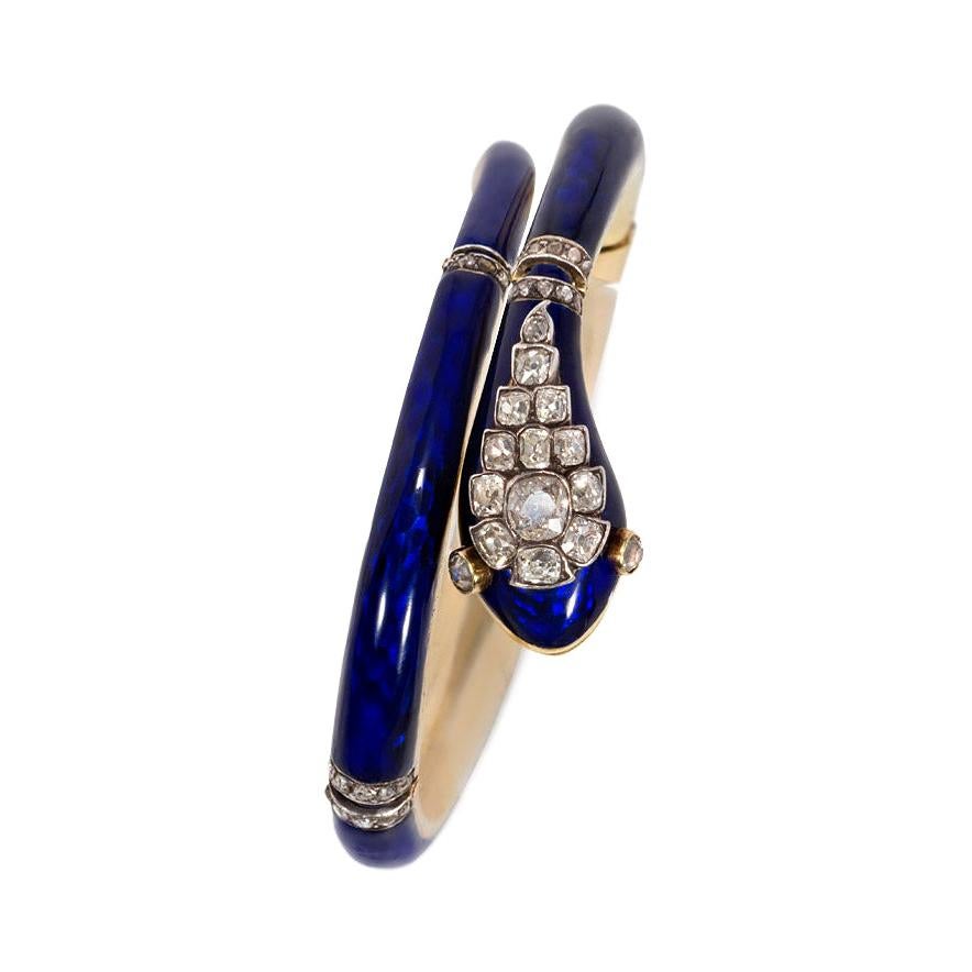 Antique Victorian Gold, Blue Enamel, and Old-Cut Diamond Snake Bracelet