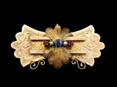 Antique Victorian Gold Blue & Red Stone w/ Seed Pearl Engraved Foliage Brooch