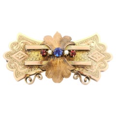 Antique Victorian Gold Blue & Red Stone w/ Seed Pearl Engraved Foliage Brooch