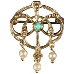 Antique Victorian Gold Brooch Turquoise Pearl 14 Carat, circa 1900 Antique Victorian Gold Brooch Turquoise Pearl 14 Carat, circa 1900