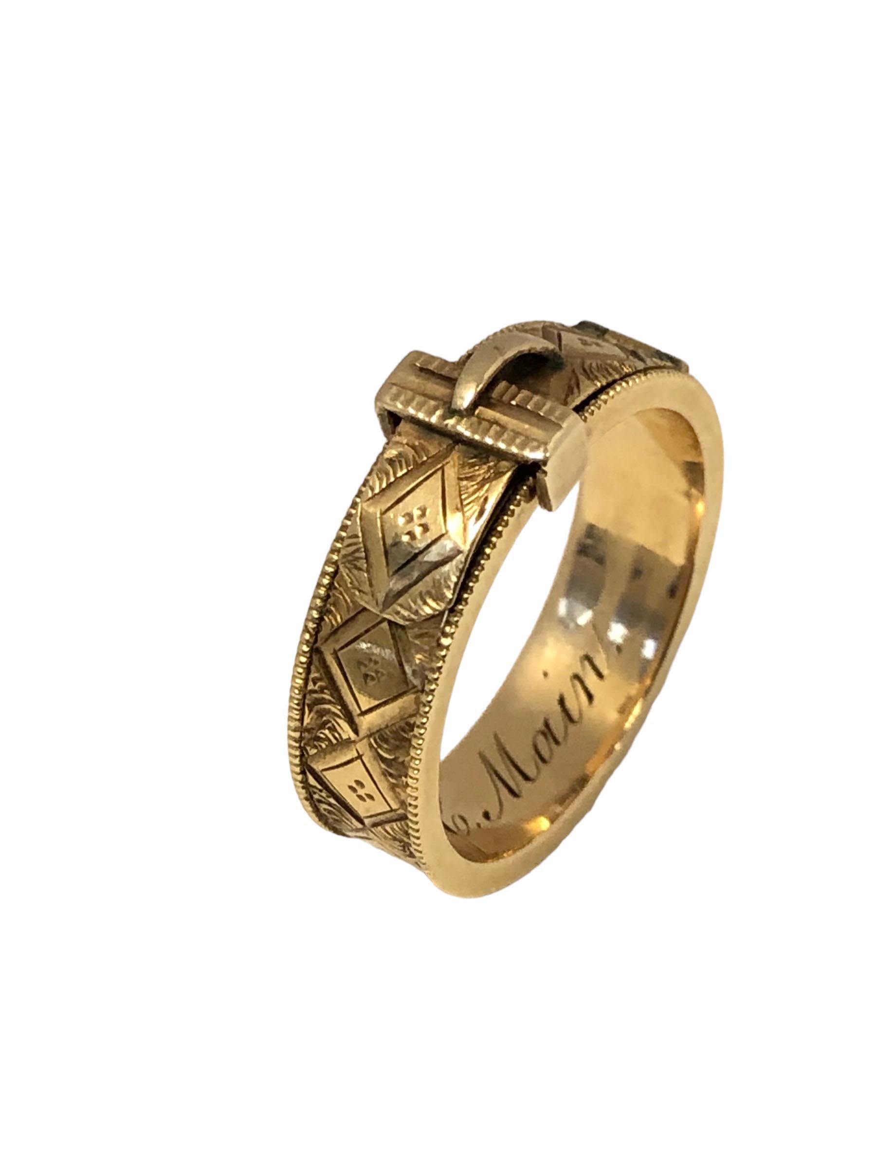 Women's or Men's Antique Victorian Gold Buckle Form Mourning Memento Ring For Sale