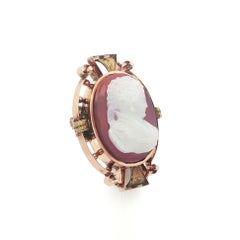 Antique Victorian Gold Carved Cameo Agate Lady Portrait Detailed Pin Brooch