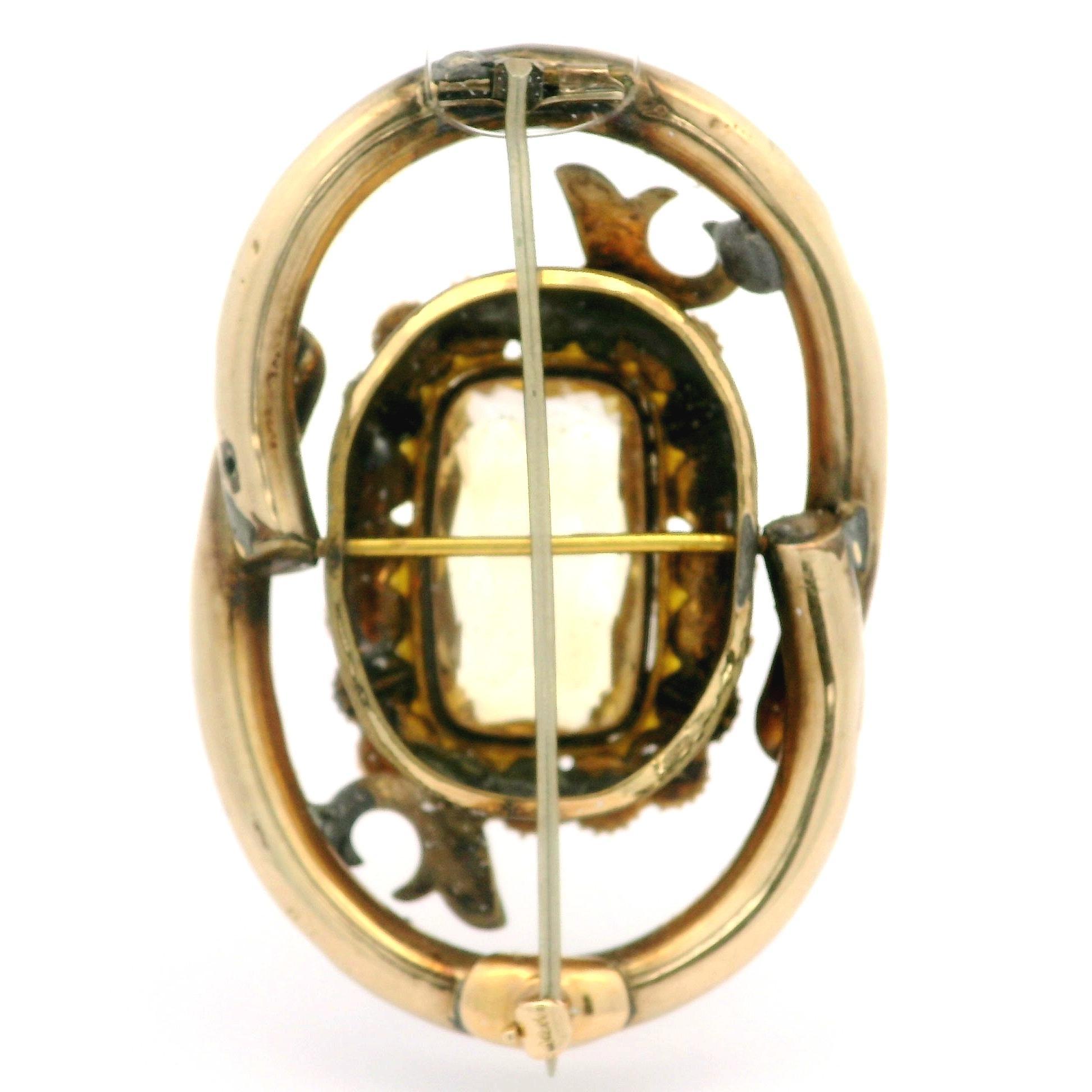 Vittoriano Antique Victorian Gold Citrine Pearl & Blue Enamel Work Textured Pin Brooch in vendita
