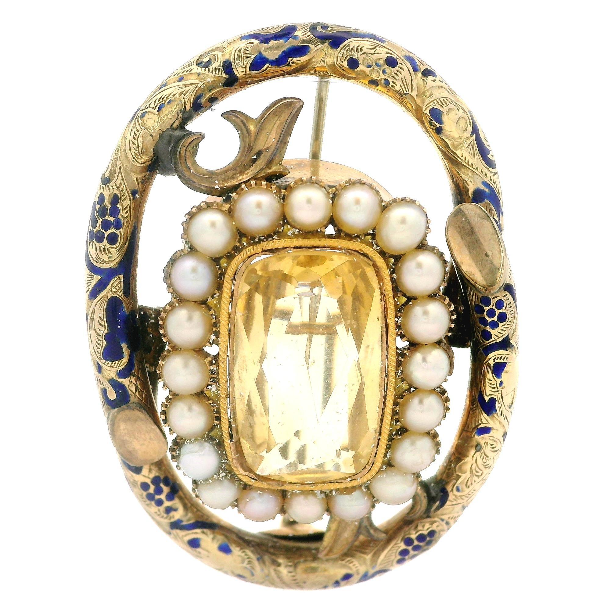 Taglio rotondo Antique Victorian Gold Citrine Pearl & Blue Enamel Work Textured Pin Brooch in vendita