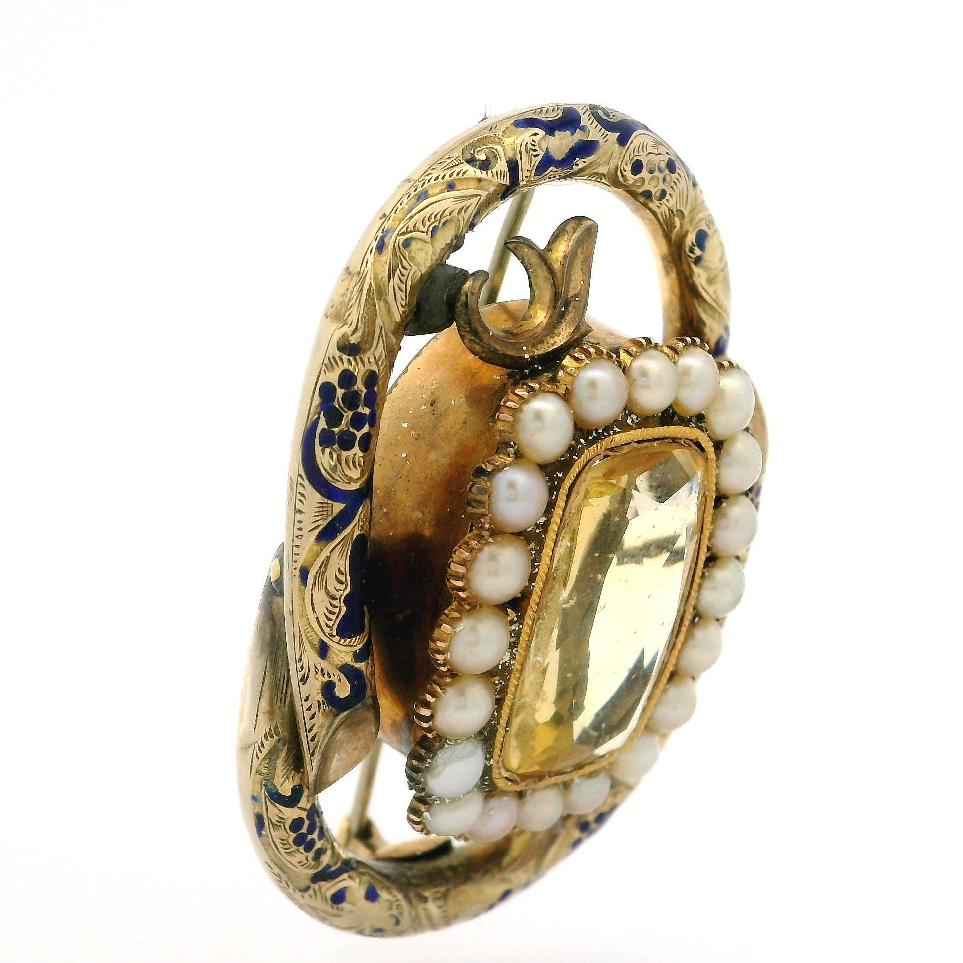 Antique Victorian Gold Citrine Pearl & Blue Enamel Work Textured Pin Brooch In condizioni buone in vendita a Montclair, NJ