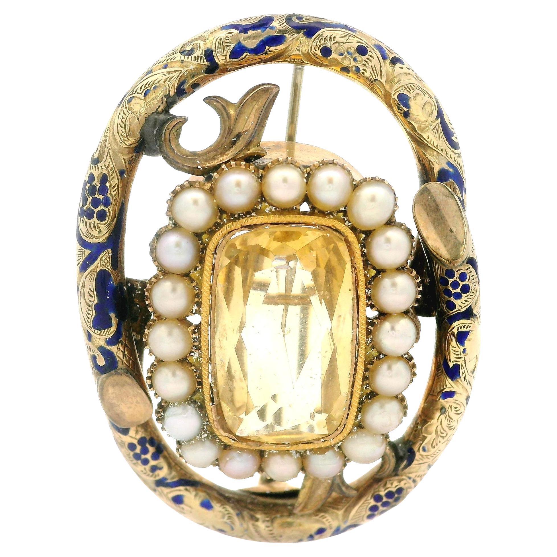 Antique Victorian Gold Citrine Pearl & Blue Enamel Work Textured Pin Brooch