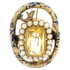 Antique Victorian Gold Citrine Pearl & Blue Enamel Work Textured Pin Brooch