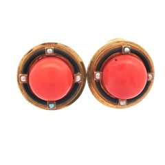 Antique Victorian Gold Coral Pearl & Black Enamel Target Button Clip On Earrings