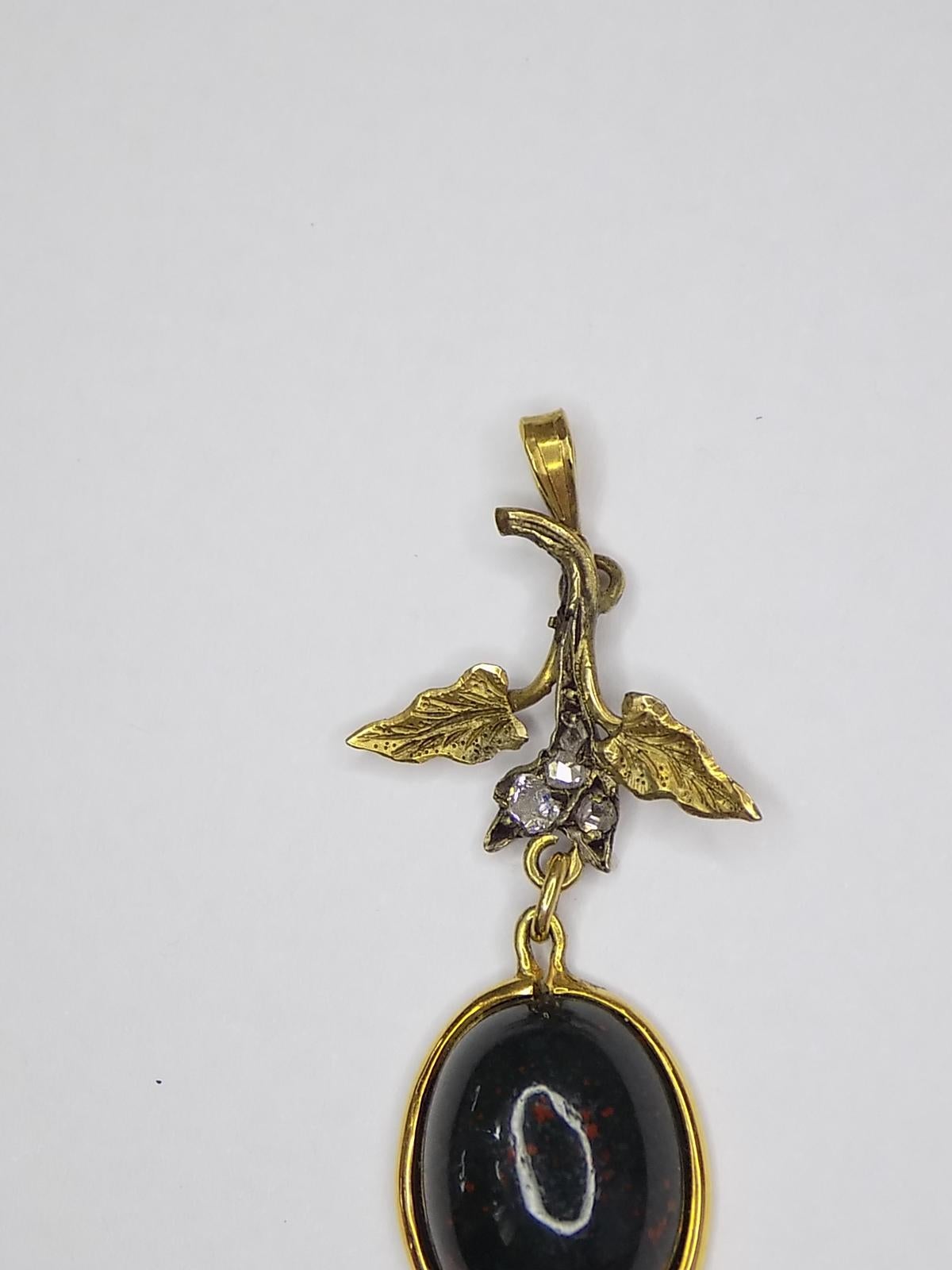 Cabochon Antique Victorian Gold Diamond and Bloodstone Agate Pendant
