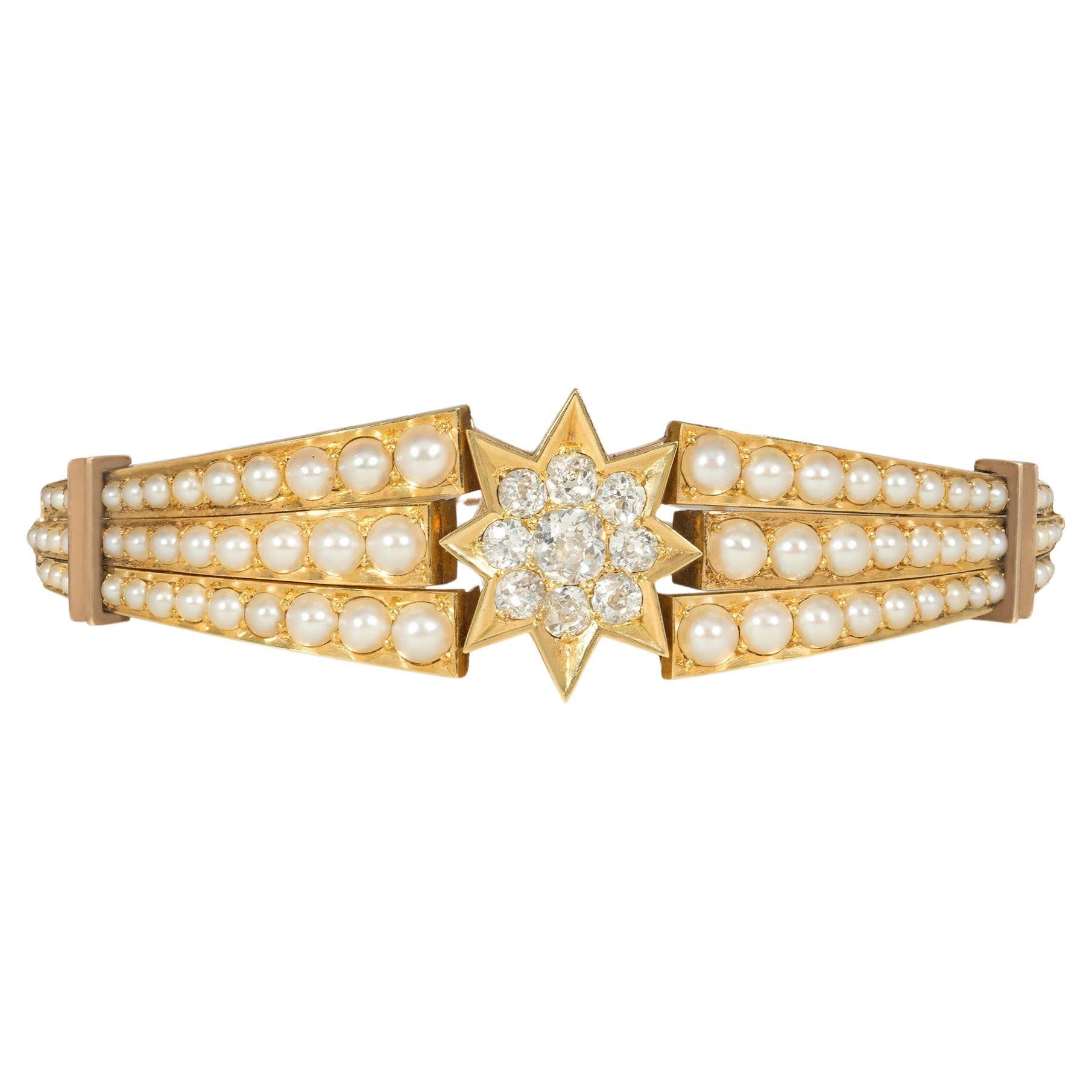 Antikes viktorianisches Armband aus Gold, Diamanten und Perlen mit Schaukelstern-Motiv