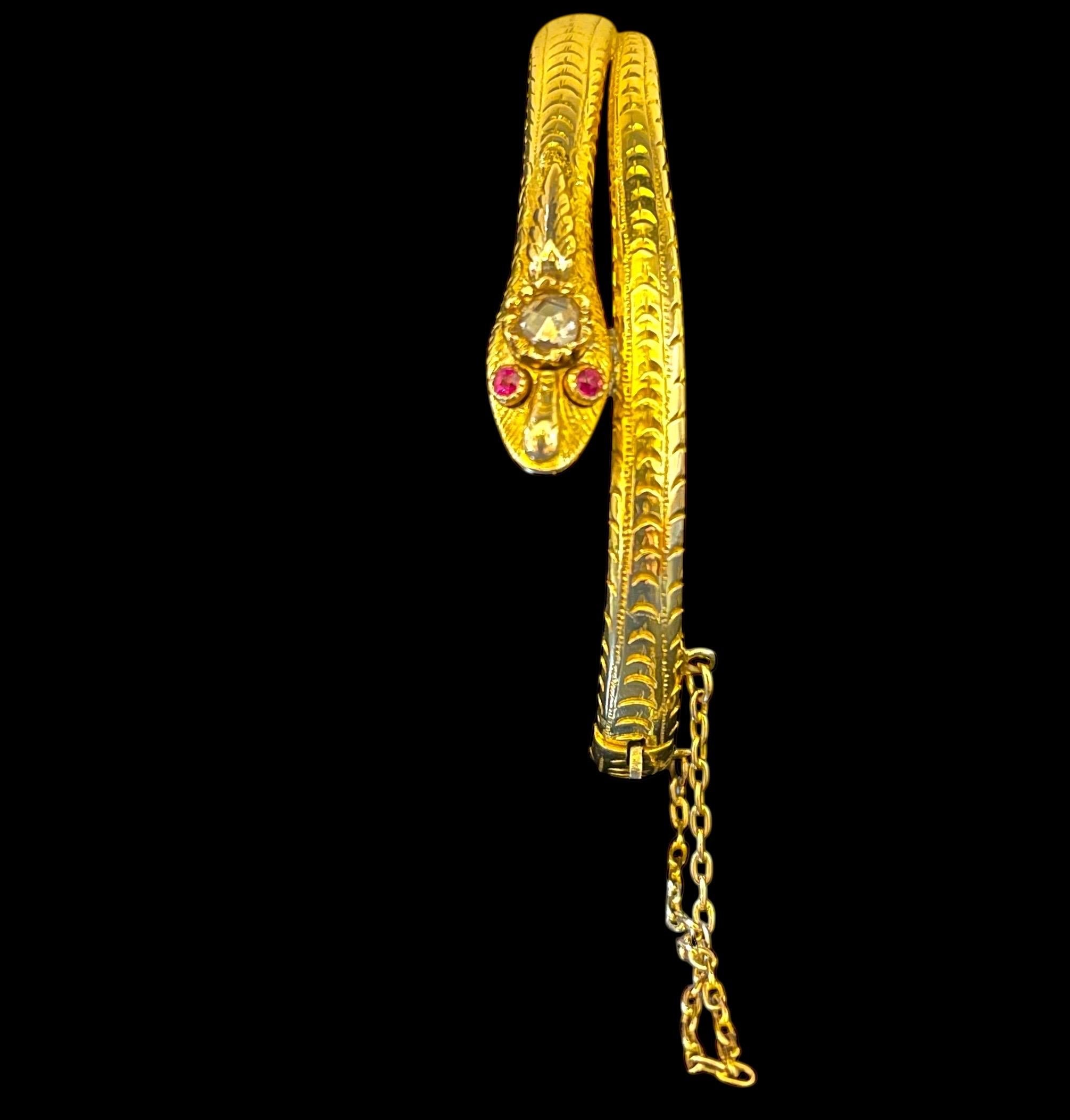 Antique Victorian gold diamond and ruby high karat snake bracelet bangle en vente 6