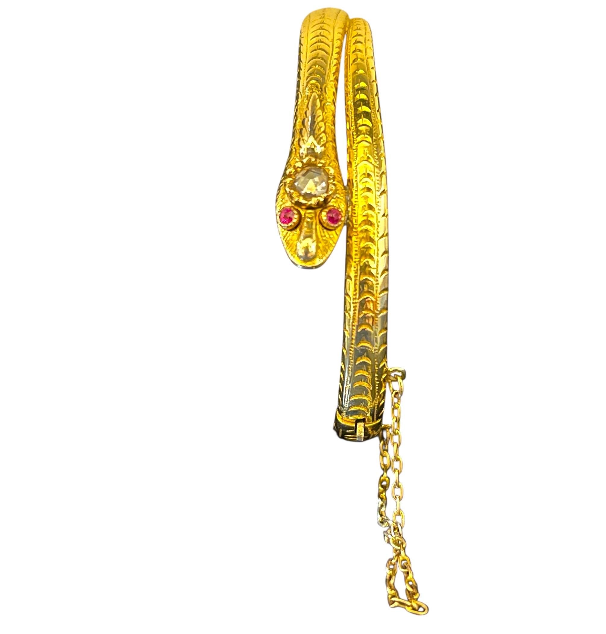 Antique Victorian gold diamond and ruby high karat snake bracelet bangle Bon état - En vente à Austin, TX