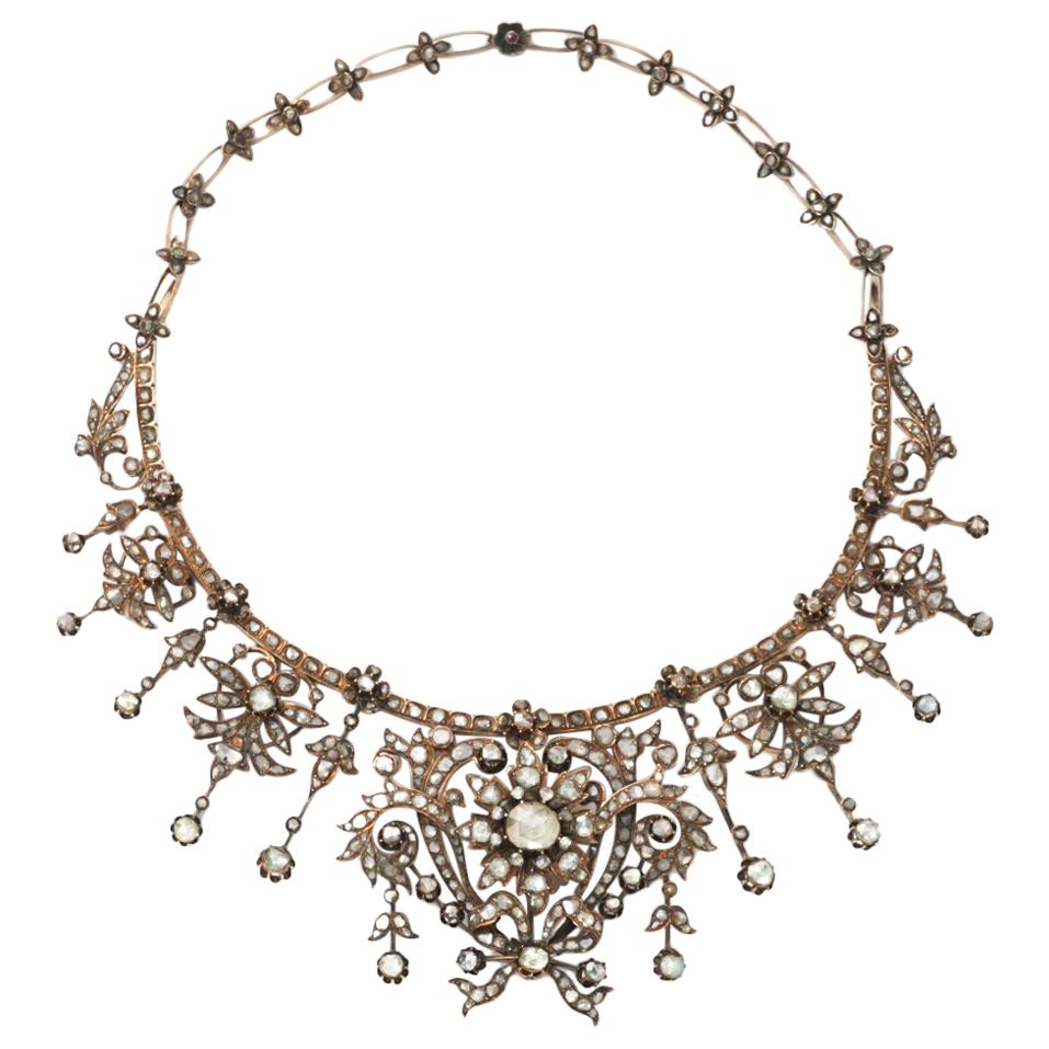 Antike viktorianische Gold-Halskette mit Diamanten, ca. 30,00 Karat im Altrosa-Schliff