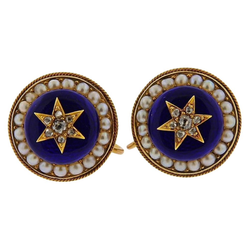 Antique Victorian Gold Diamond Enamel Earrings