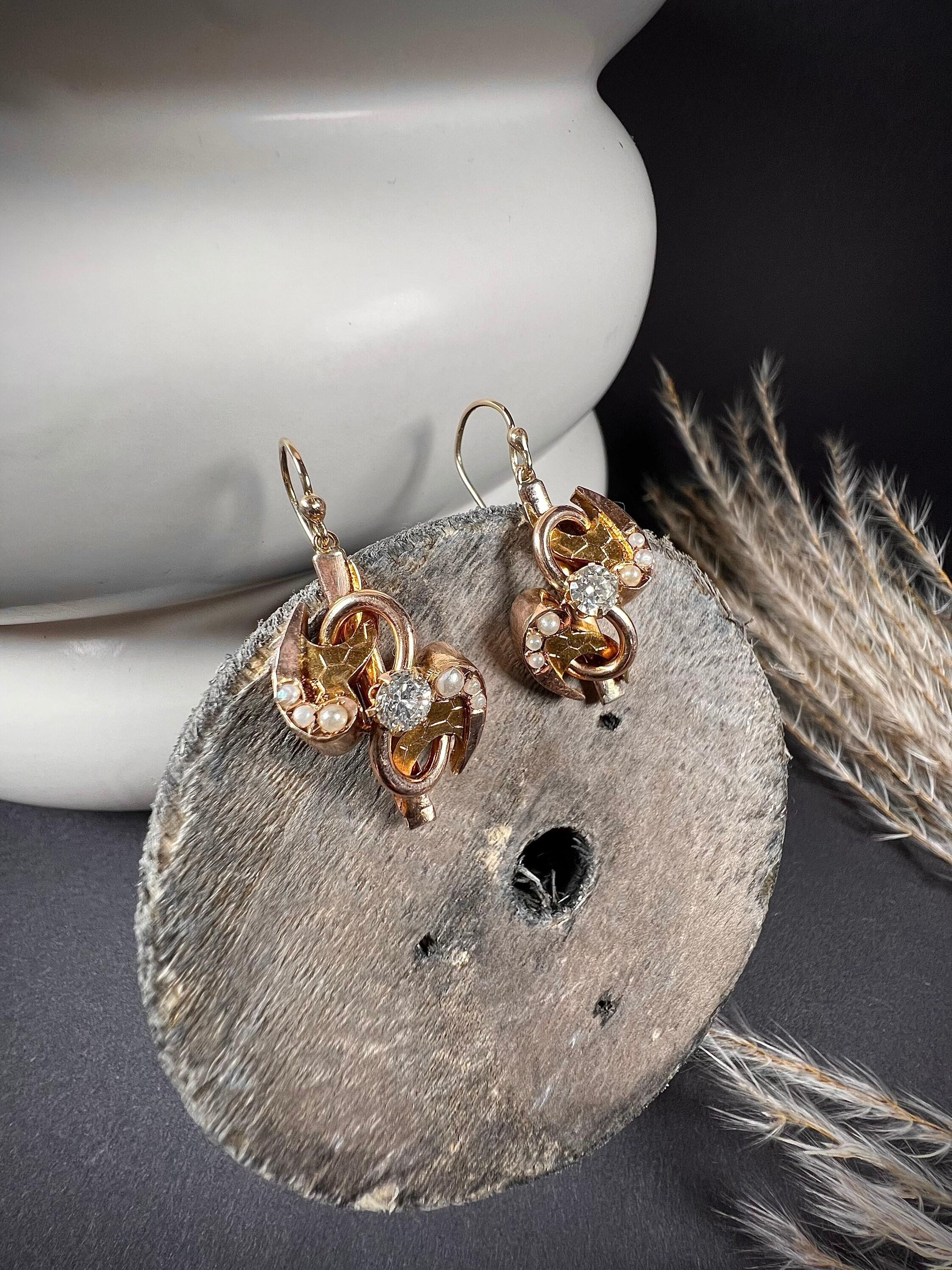 Women's or Men's Antique Victorian Gold, Diamond & Pearl Drop Earrings For Sale
