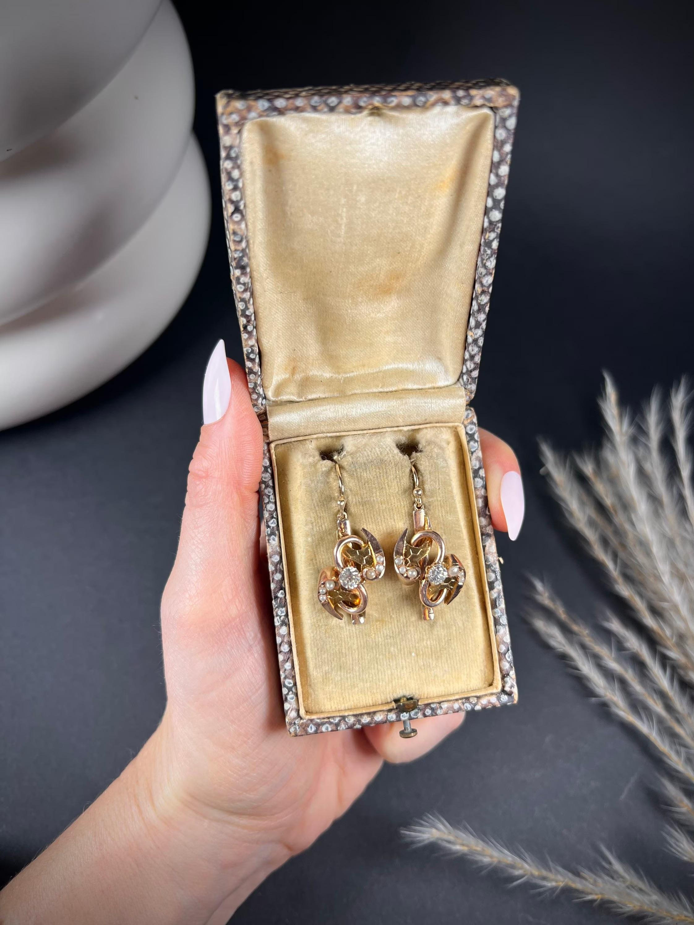 Antique Victorian Gold, Diamond & Pearl Drop Earrings For Sale 3