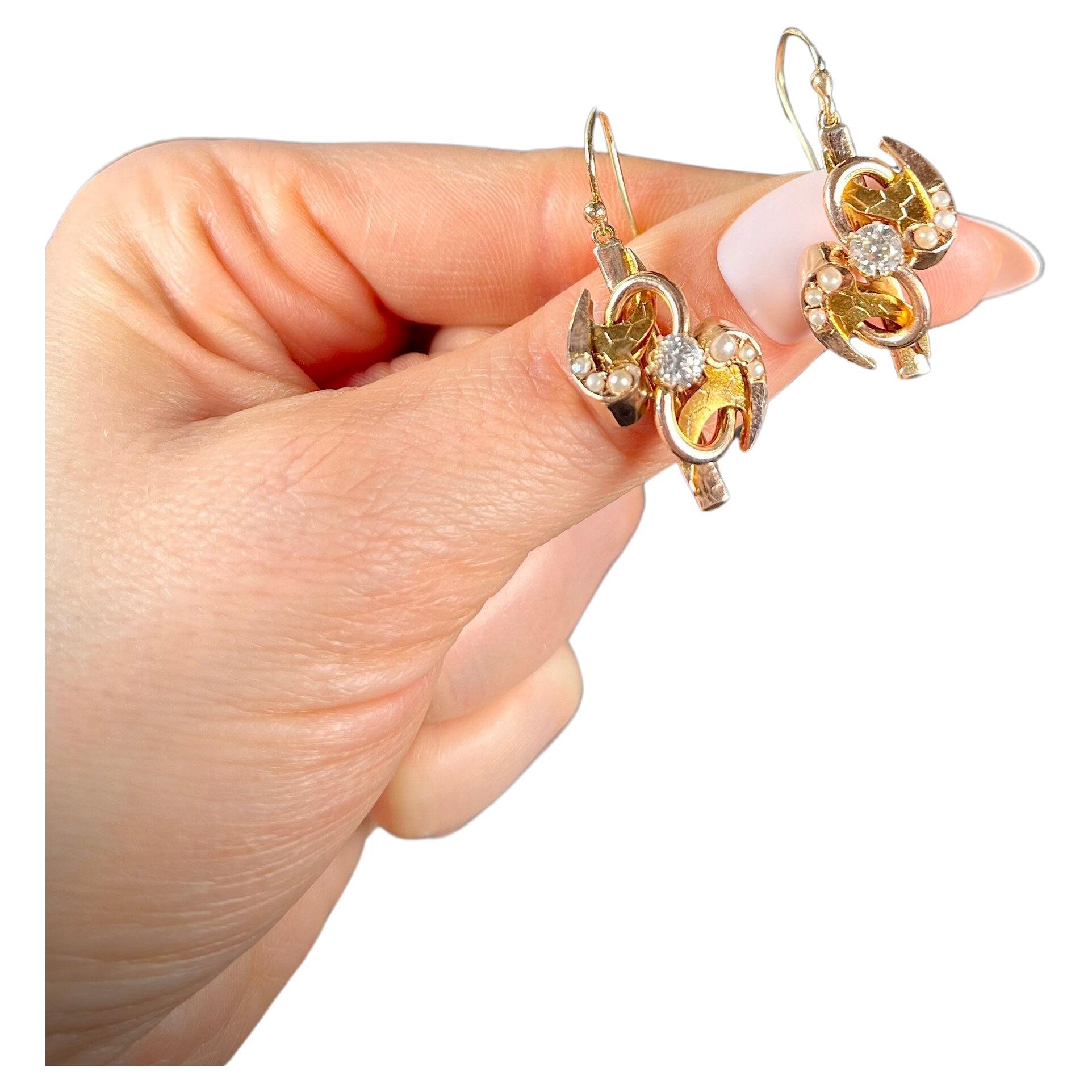 Antique Victorian Gold, Diamond & Pearl Drop Earrings For Sale