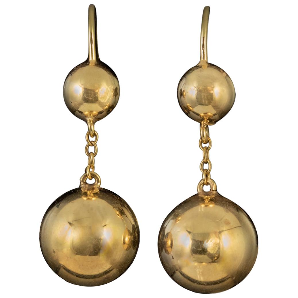 Antique Victorian Gold Earrings 9 Carat Gold Ball Droppers, circa 1880