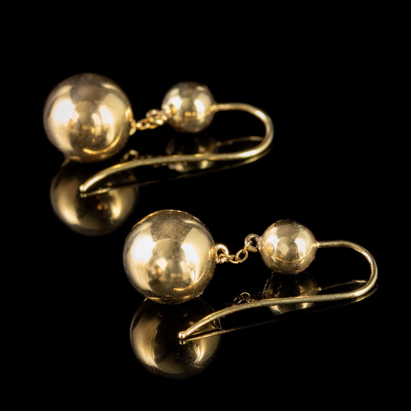 Women's Antique Victorian Gold Earrings 9 Carat Gold Ball Droppers, circa 1880