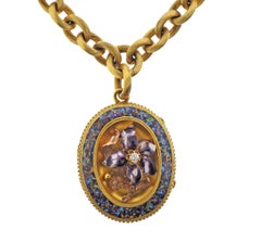 Antique Victorian Gold Enamel Diamond Micro Mosaic Locket Pendant Necklace
