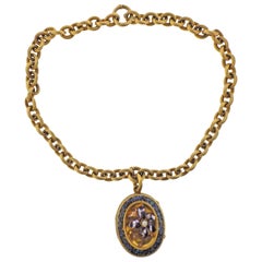 Antique Victorian Gold Enamel Diamond Micro Mosaic Locket Pendant Necklace