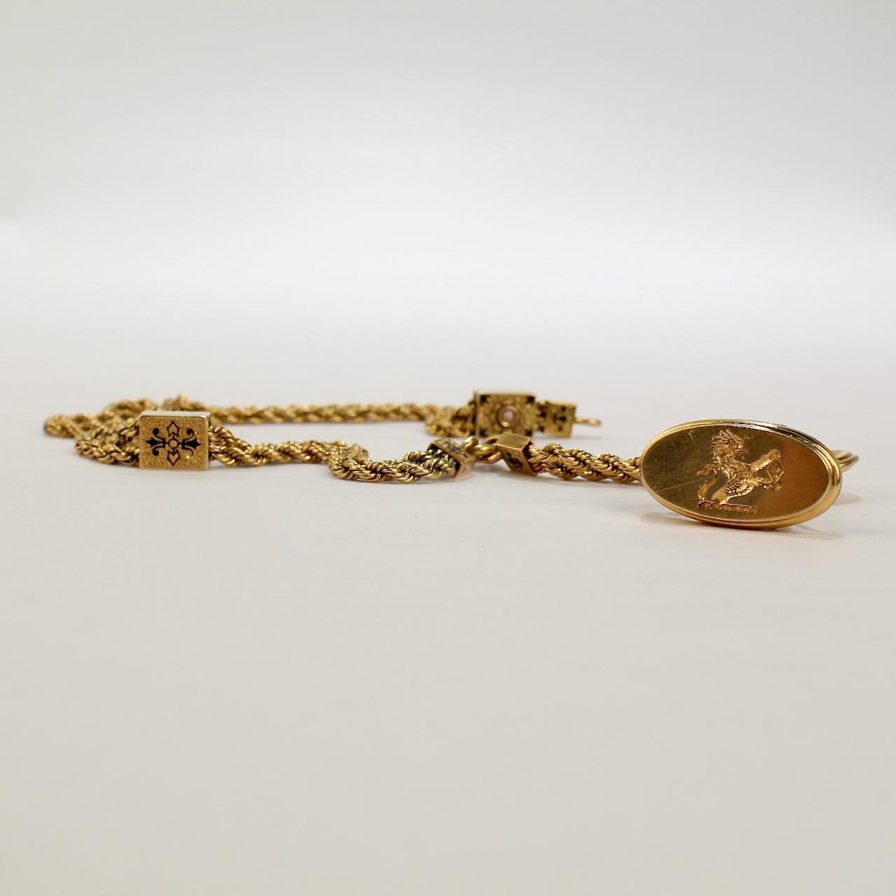 Antique Victorian Gold and Enamel Watch Chain with Slides and a Fob Seal For Sale 6