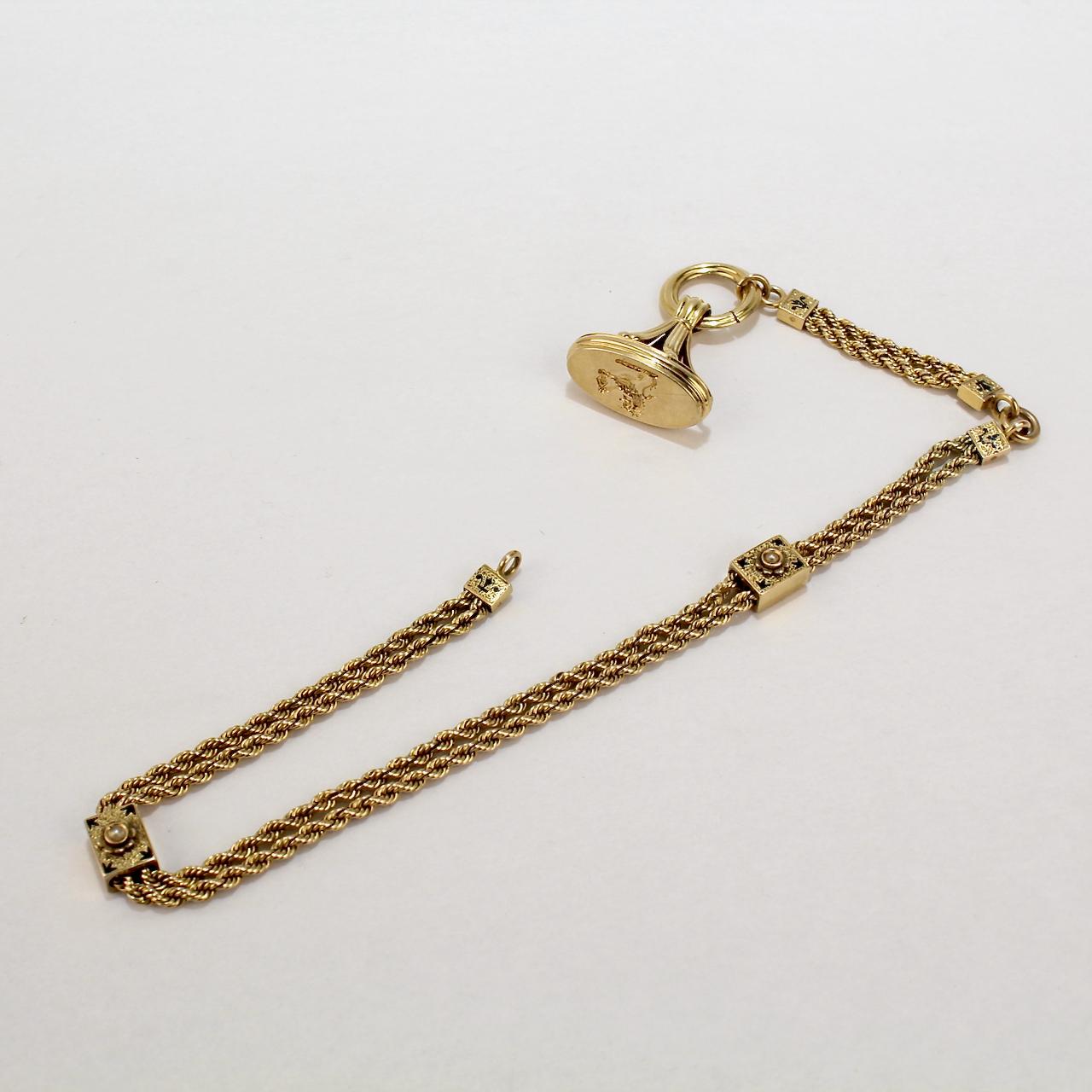 Antique Victorian Gold and Enamel Watch Chain with Slides and a Fob Seal For Sale 13