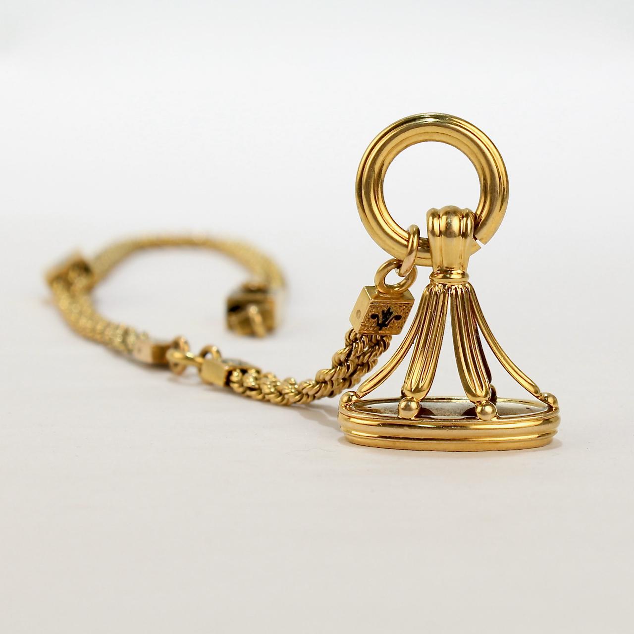 Antique Victorian Gold and Enamel Watch Chain with Slides and a Fob Seal For Sale 1