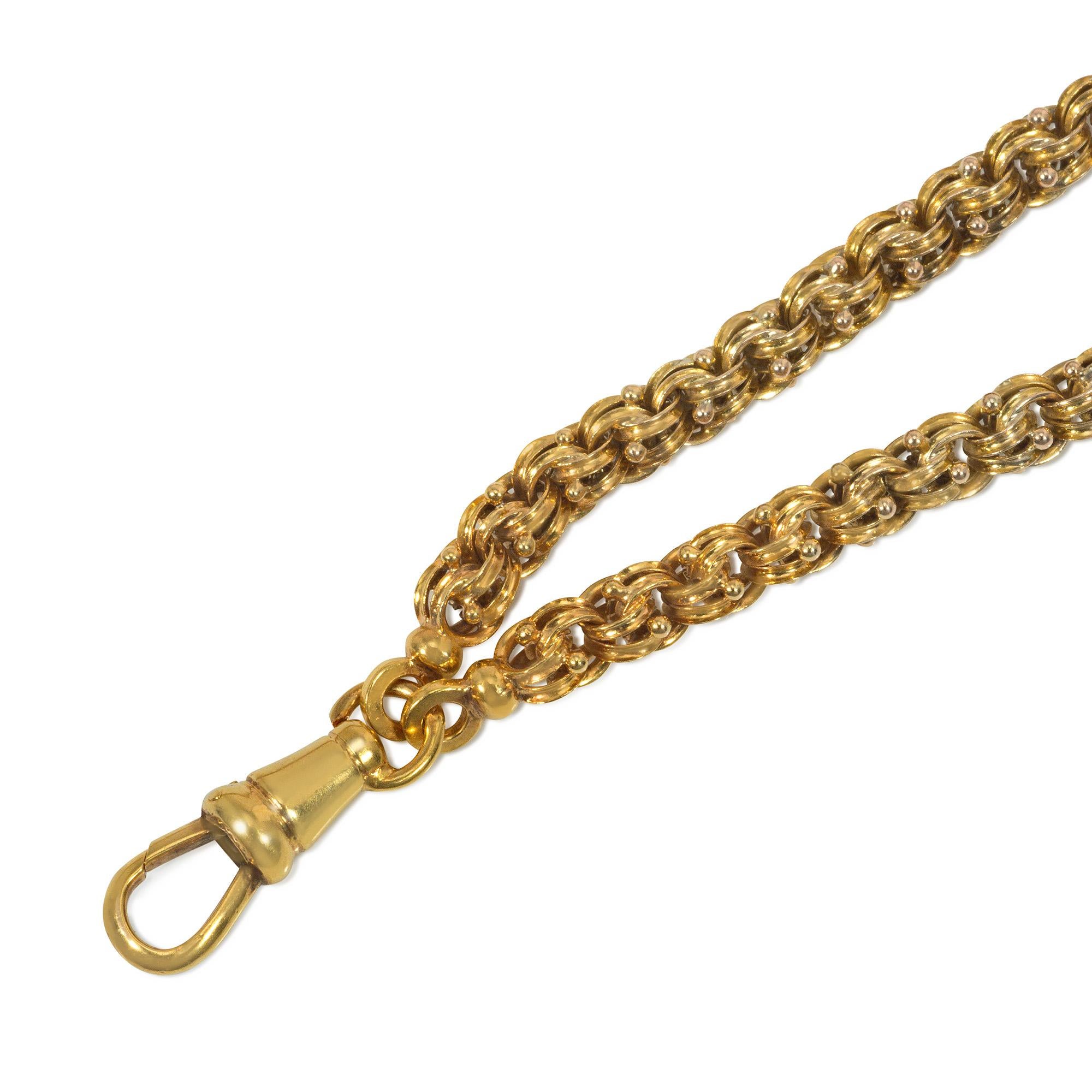 Victorien Chaîne longue victorienne ancienne à maillons fantaisie en or avec balle pivotante à charnière  en vente