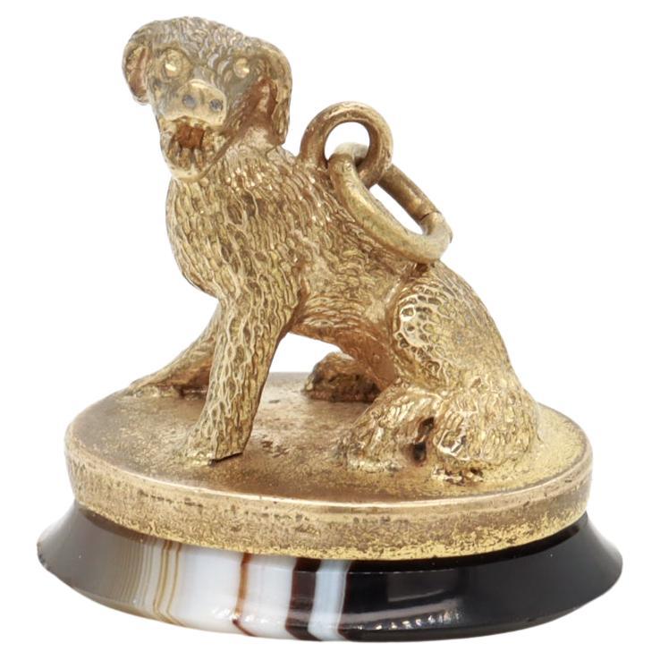 Antiguo Cabujón Victoriano de Ágata con Banda de Oro Sello / Fob de un Perro Spaniel