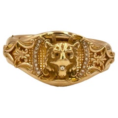 Antique Victorian Gold-Filled Lion Bangle Bracelet Tiger Cat Jewelry