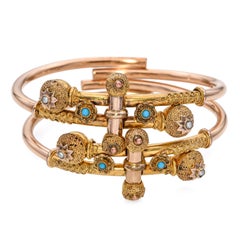 Antique Victorian Gold-Filled Pair of Etruscan Revival Turquoise Pearl Bracelets